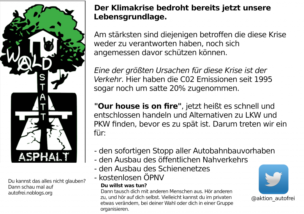 Flyer mit Wald statt Asphalt Logo sowie Argumenten und Forderungen für eine Verkehrswende